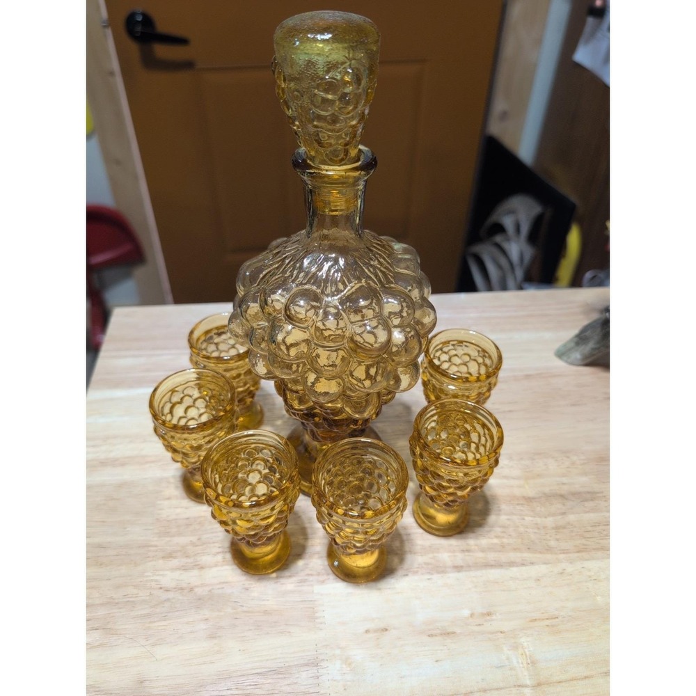 Vtg Amber Italian Empoli 3-D Grapes Glass Decanter Bottle 11" 6 Cordial Glasses